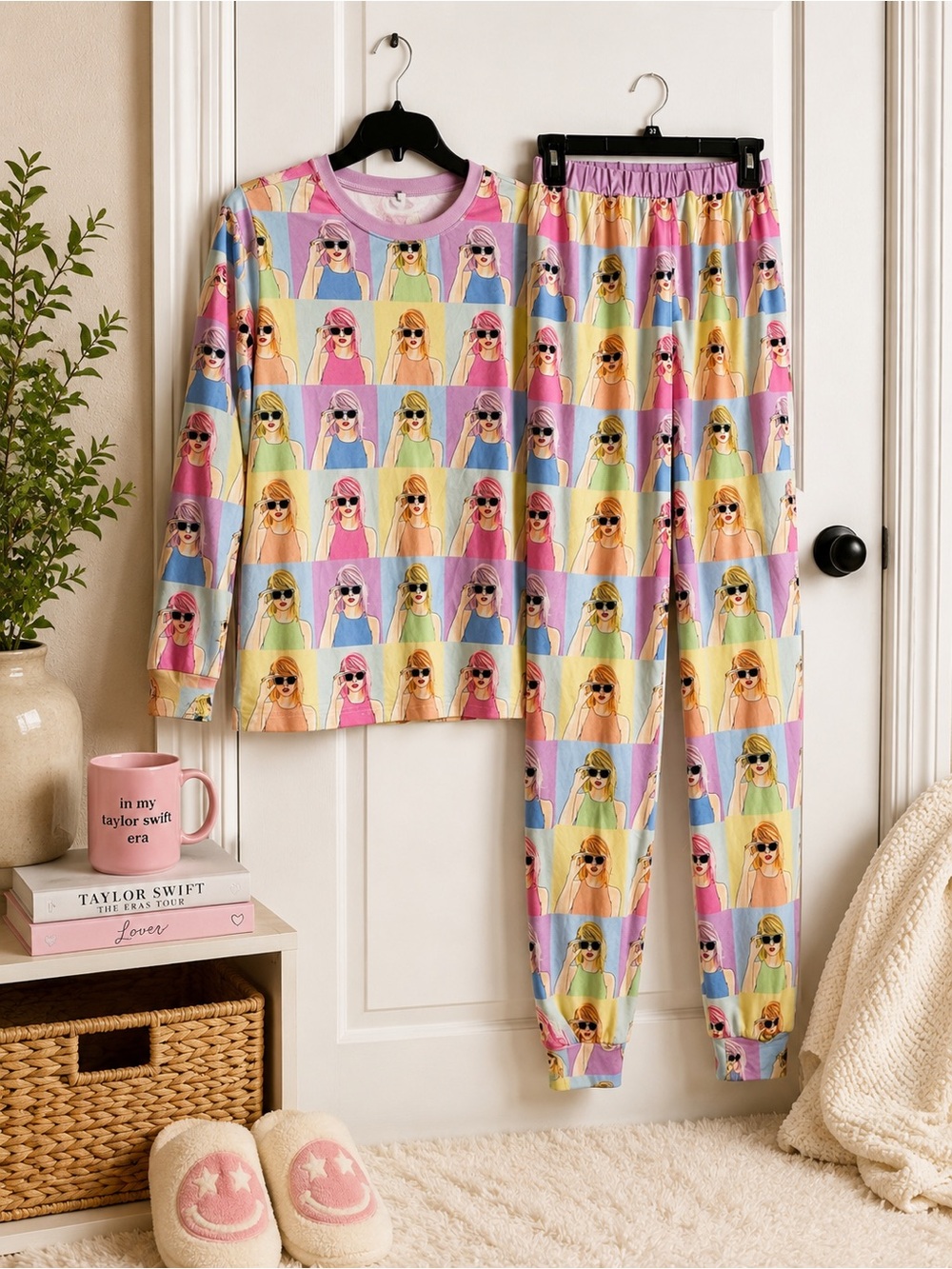 Girls Pastel Pop Portrait Pajama Set - Purple Multicolor